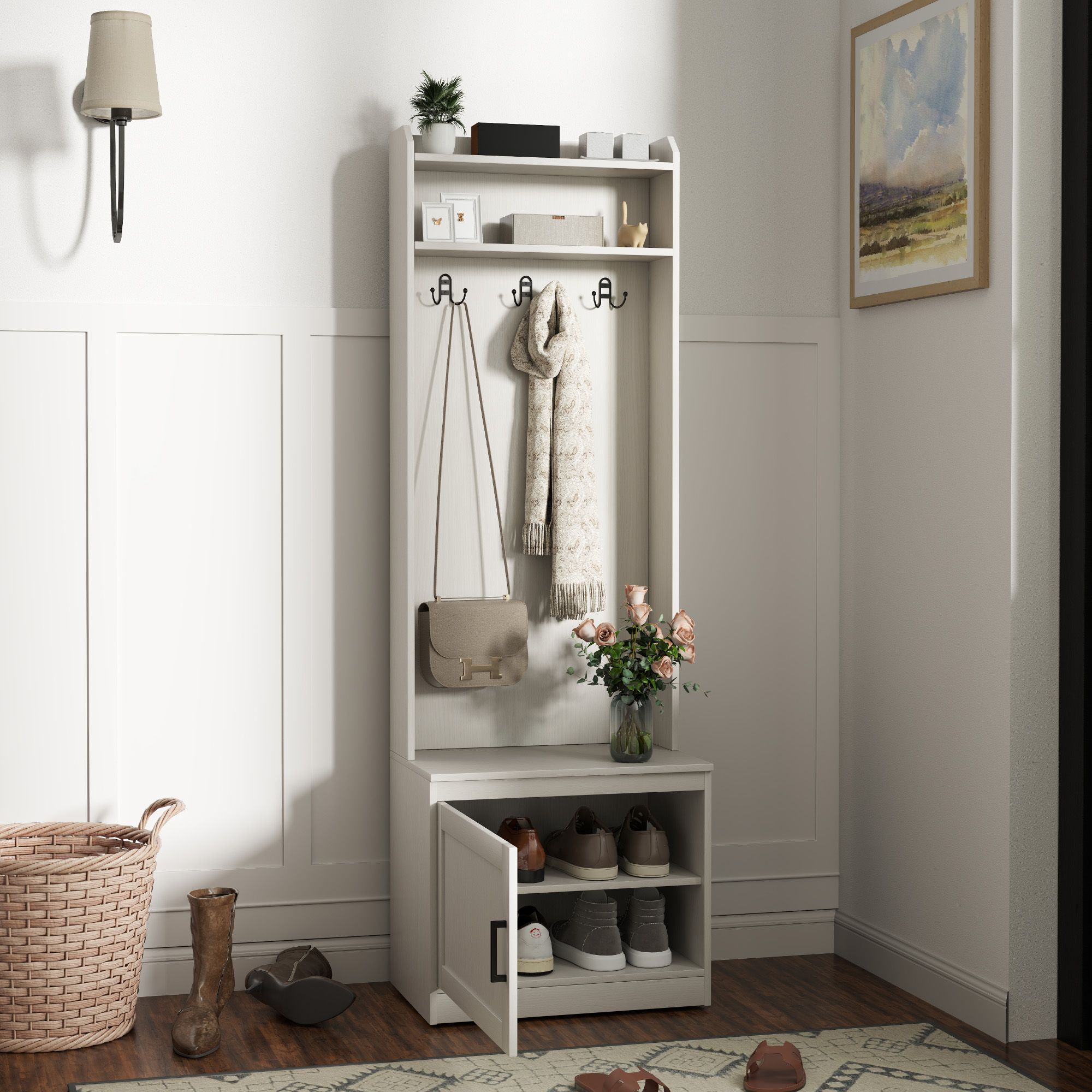 White Rustic Hall Tree Bench Entryway Coat Rack with Shoe Storage Accent Furniture for Hallway Mudroom