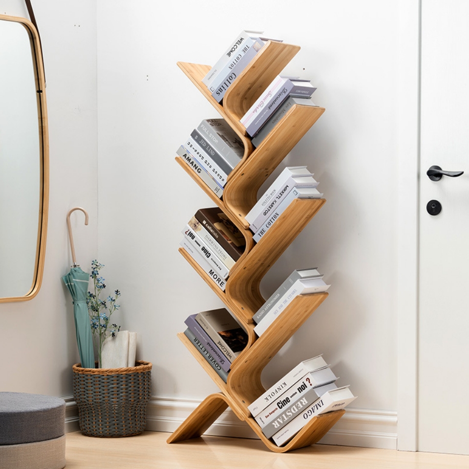 Modern Bamboo Tree Bookshelf Standing Office Bookcase with Book Storage Rack and Organizer Shelves