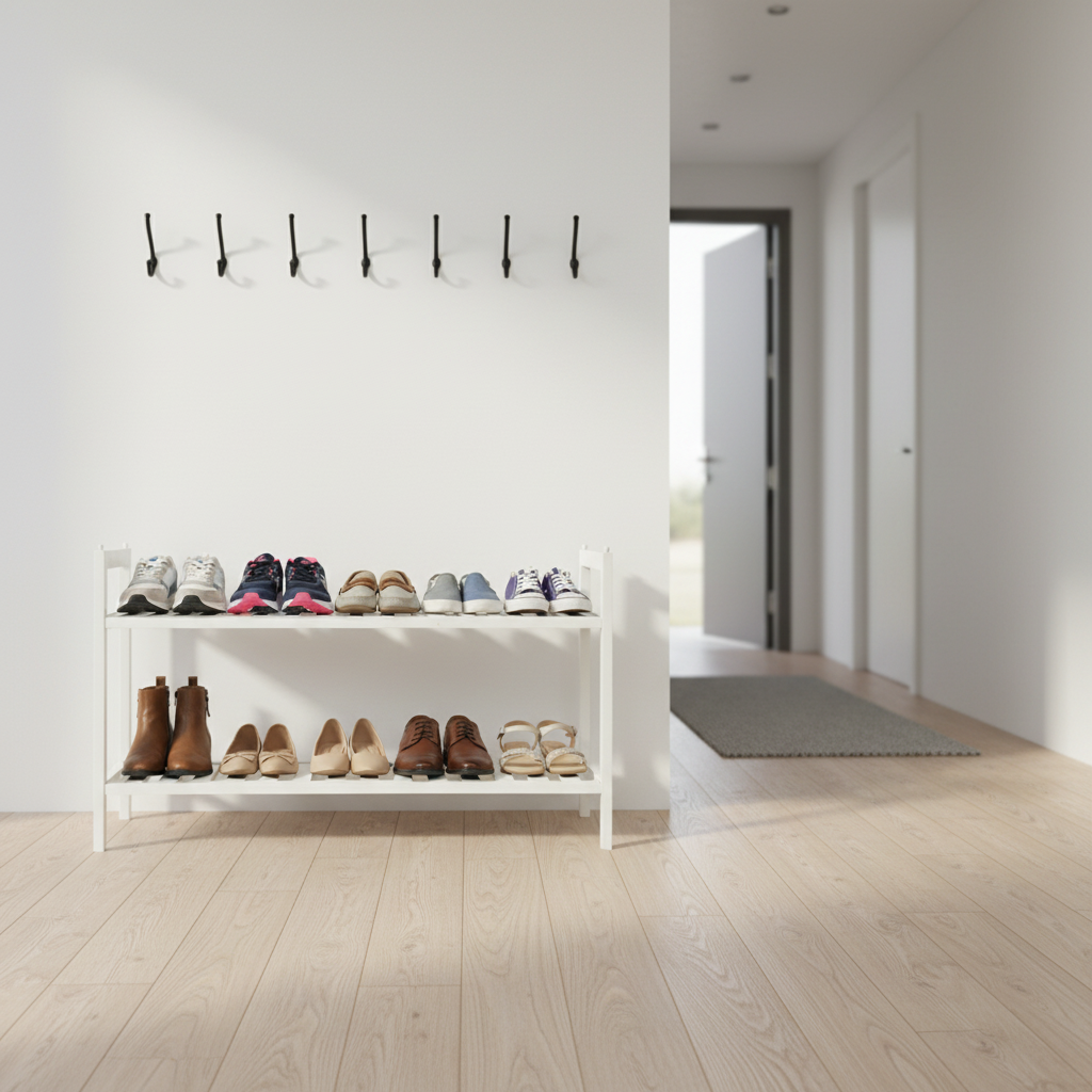 Modern 2 Tier White Bamboo Shoe Rack a Stackable Space Saving Shoe Organizer for Entryway Hallway Mudroom and Small Apartment