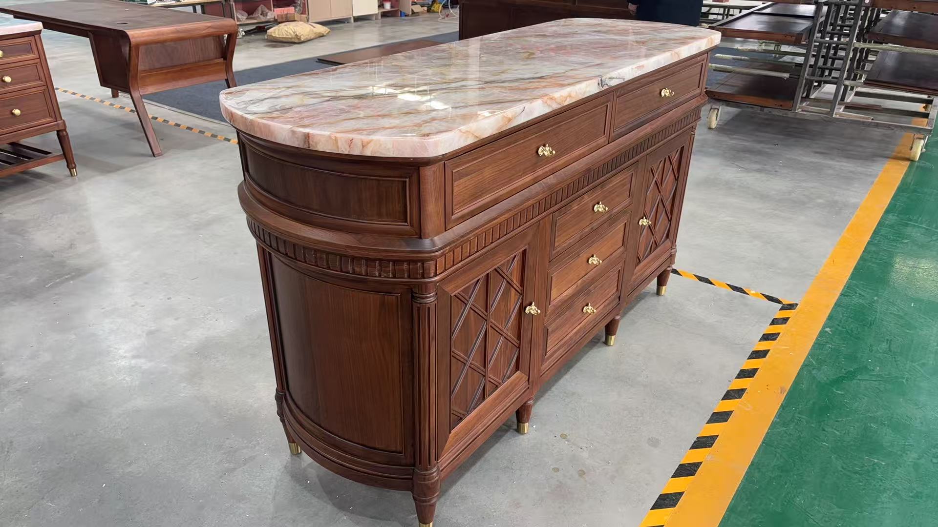 Luxury FAS Walnut Sideboard with Rose Quartz Top - Bespoke Elephant Handle Buffet Cabinet for Prosperity &amp; Luck