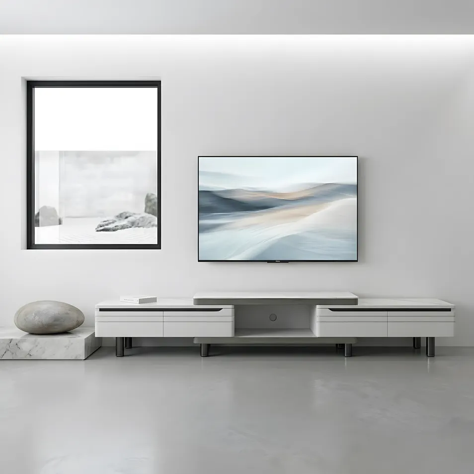 White Media TV Console for Living Room with Open Shelf Display Storage