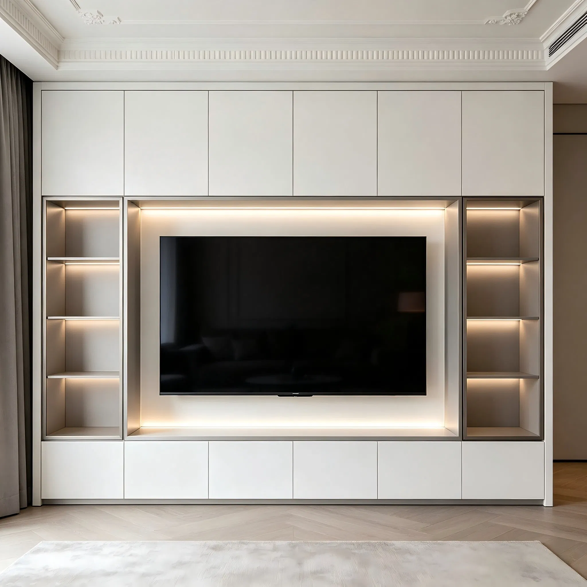 Farmhouse TV Console with Barn Doors and Storage Shelves