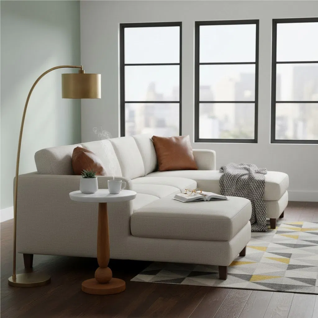 Teak &amp; White End Table, Spindle + Sphere Wood Base for Coffee Table