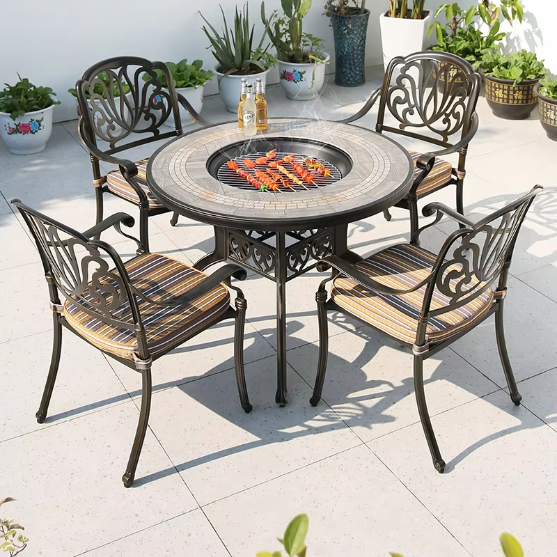 Outdoor Patio Barbecues Table and Chairs Set Dining BBQ Table Chair Garden Courtyard Cast Aluminum Modern Round Wooden Board