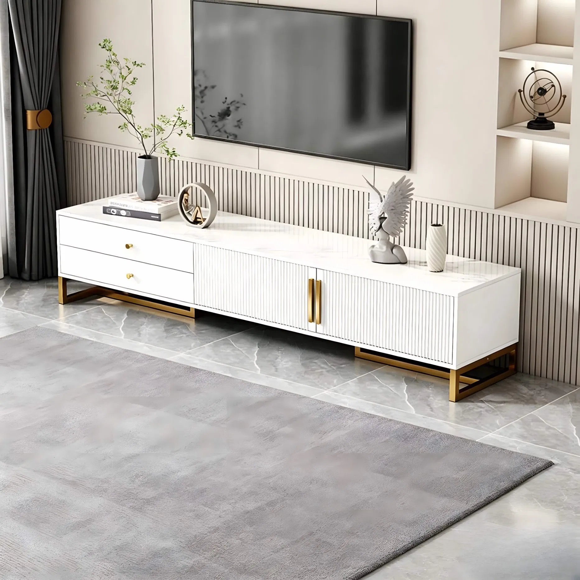 Luxury Media TV Console for Living Room with Gold Handle Storage Cabinet