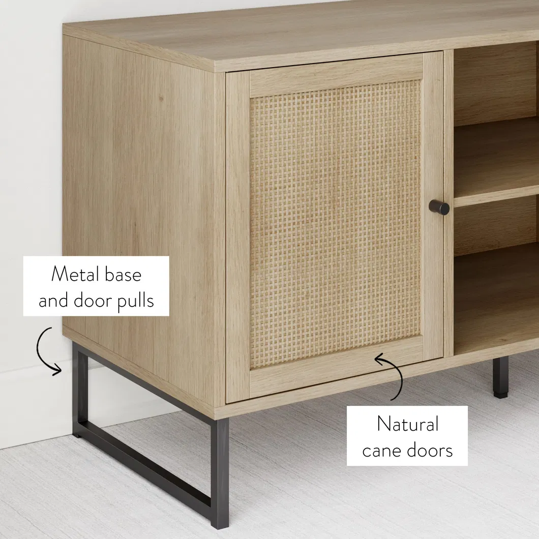 TV Stand Entertainment Cabinet, Console with a Natural Wood Finish and Matte Accents with Storage Doors for Living Media Room