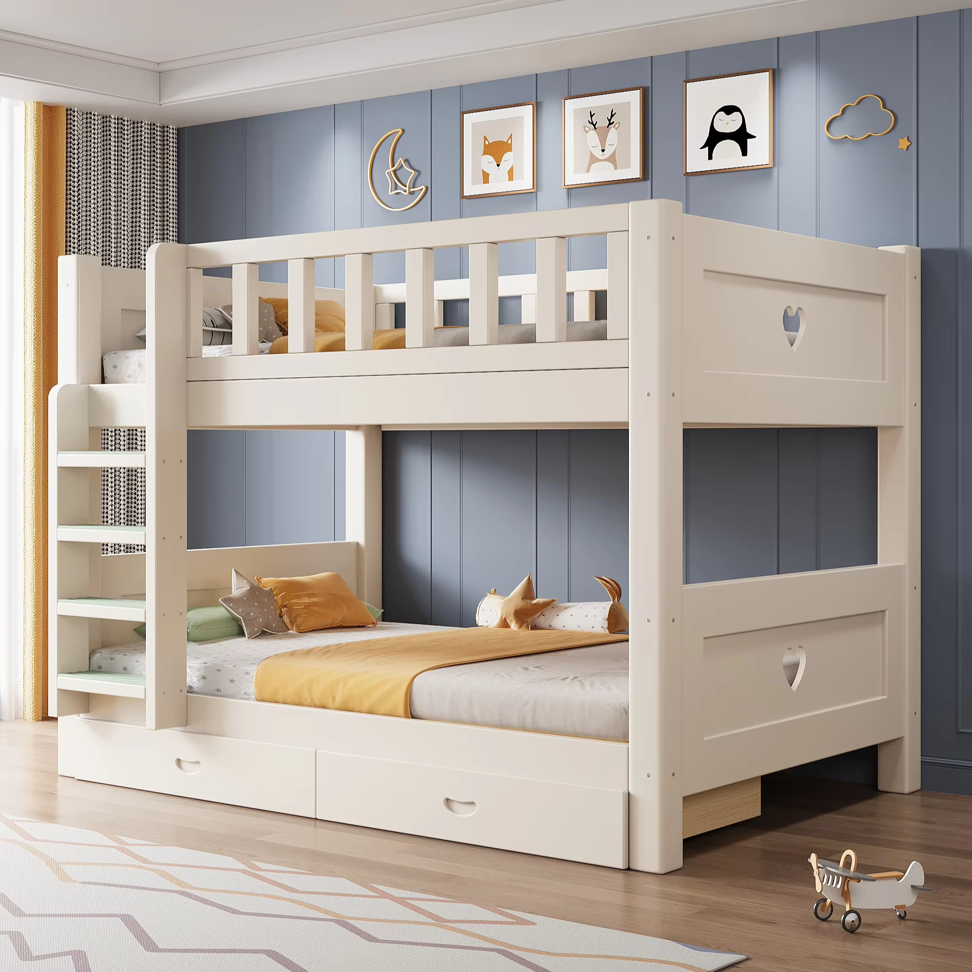 Modern White Storage Slide Safety Fence Sleeping Wooden Toddler Bed Kids Bunk Beds with Mattress