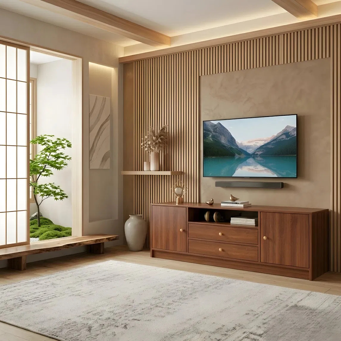 Wooden Media Console for Living Room with Spacious Storage Compartments