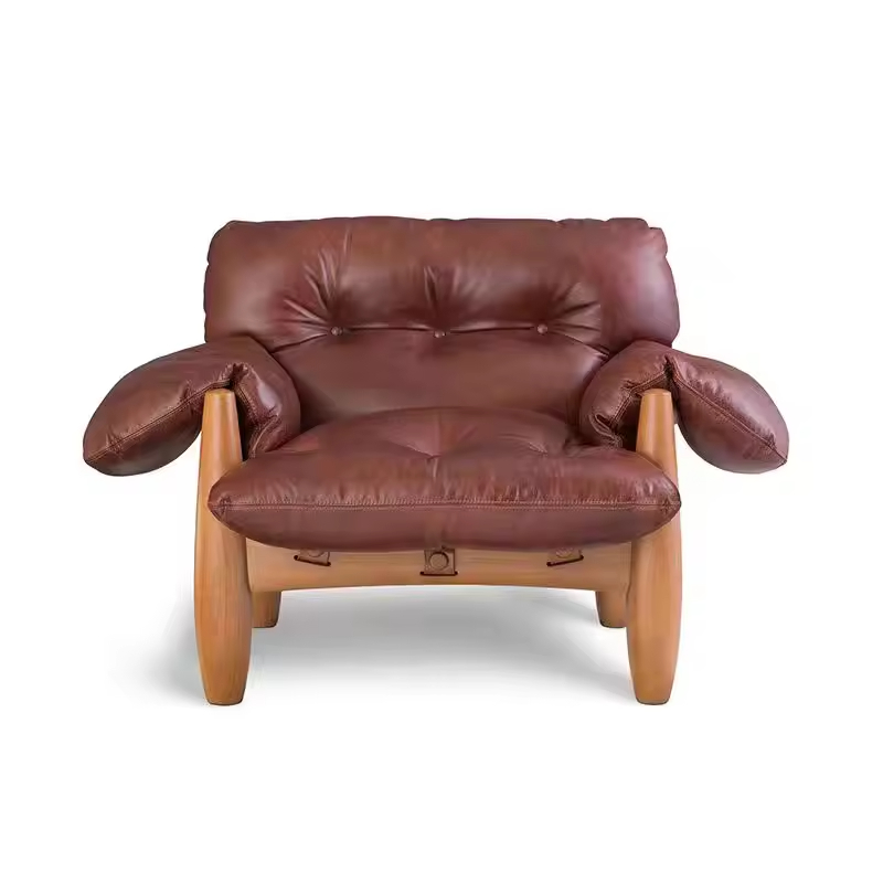 High-quality Leather Accent Dining Chair Mid Century Single Sofa Recliner Relaxation Wooden Armchair