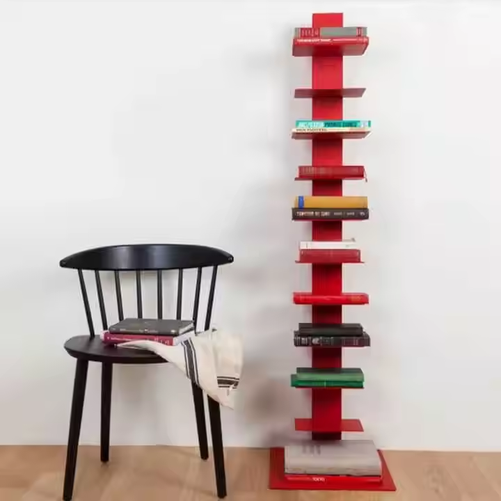 Modern 10-Layer Red Bookshelf Space-Saving Metal Bookcase for Home Office or Living Room Easily Accessible Story Books