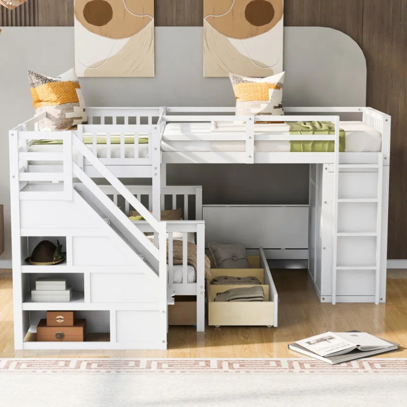 Factory Wholesale Kids Bedroom Furniture Sets Twin-Twin Over Full L-Shaped Bunk Bed With 3 Drawers, Portable Desk and Wardrobe