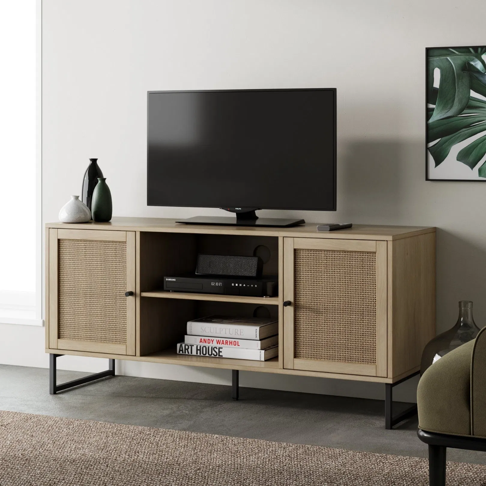 TV Stand Entertainment Cabinet, Console with a Natural Wood Finish and Matte Accents with Storage Doors for Living Media Room