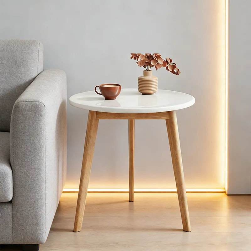 Compact Modern End Table Scandinavian Style White Wooden Side Table Mini Round Coffee Table for Living Room and Balcony