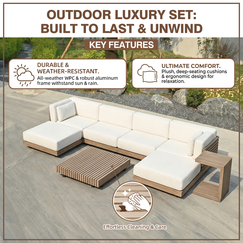 OEM ODM UV-Resistant All-Weather Luxury Garden Set with Table Modular L-Shape Sectional Modern Sectional Teak Outdoor Sofa Set
