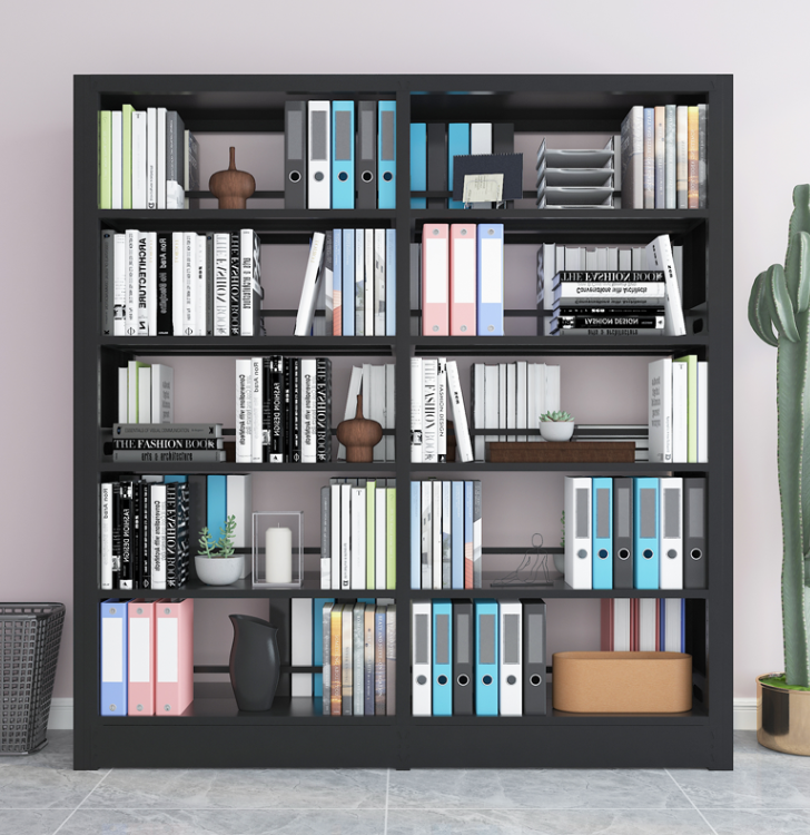 Factory Direct Metal Frame Double Sided 5 Shelves Library School Office Furniture Bookcase Bookshelves