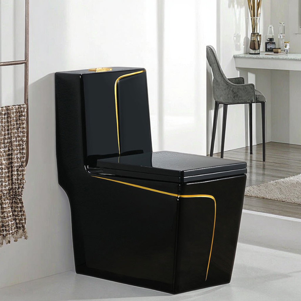 Modern Luxury Black Gold Line Ceramic Square Shape Floor Mounted Water Closet WC Bathroom Multicolor One Piece Toilet Commode
