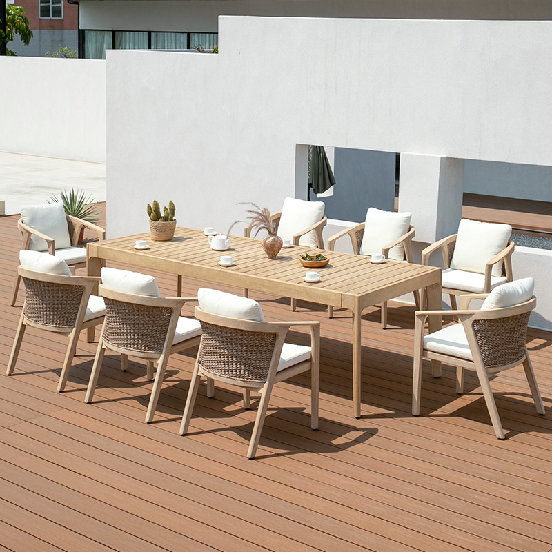 Outdoor Furniture Courtyard Garden High Quality Teak Wood Dining Table Rattan Dining Chair Set