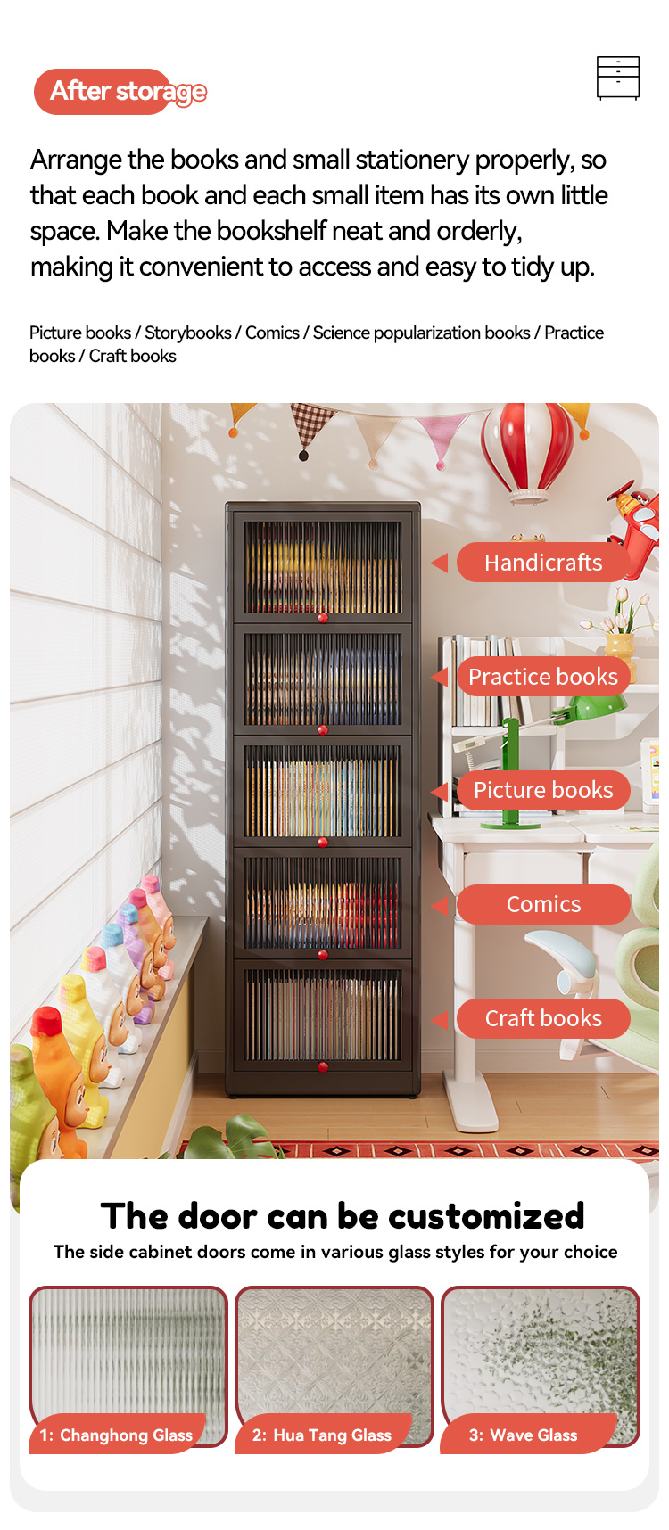 Home Storage Cabinet Steel Bookcase Living Room Multi-layer Iron Bookcase Black Bookshelf with Glass Doors and Drawers