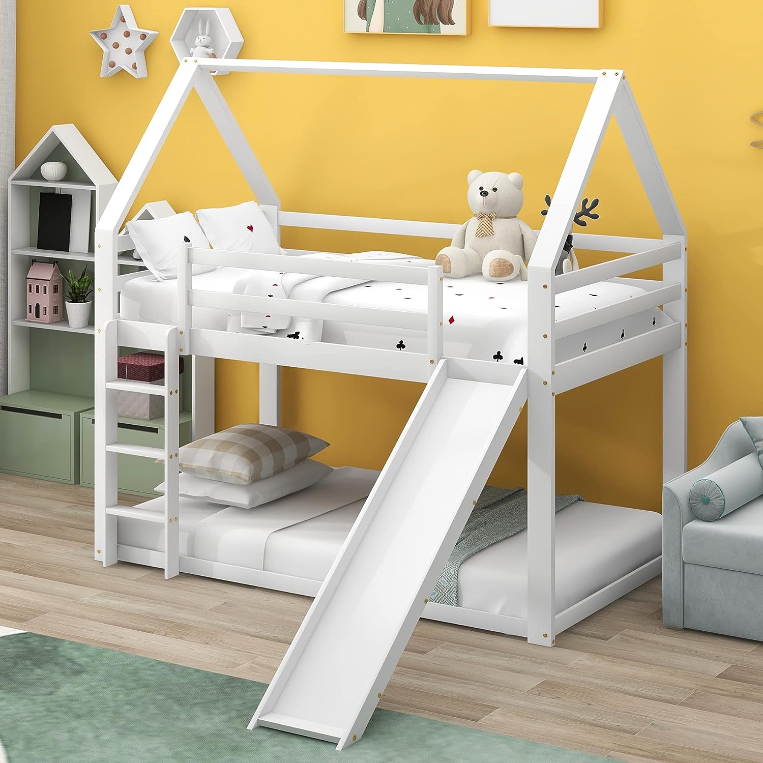 Customized Wooden House Solid Bunk Beds With Slide Children Kids Bedroom Furniture