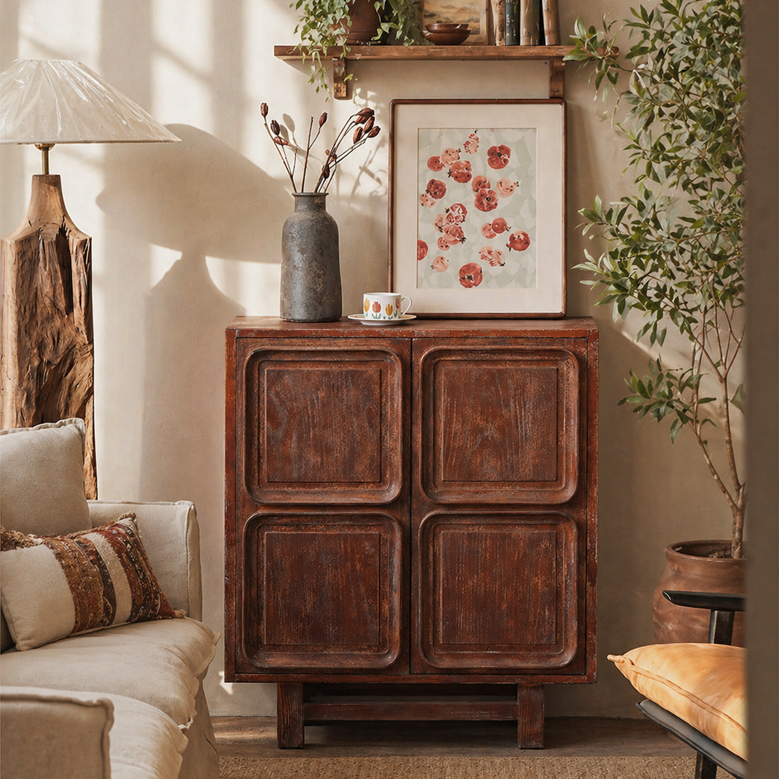 Modern Wabi-Sabi Solid Wood Buffet Cabinet Home Decor Sideboard Unique Square Storage Cabinet for Dining Room