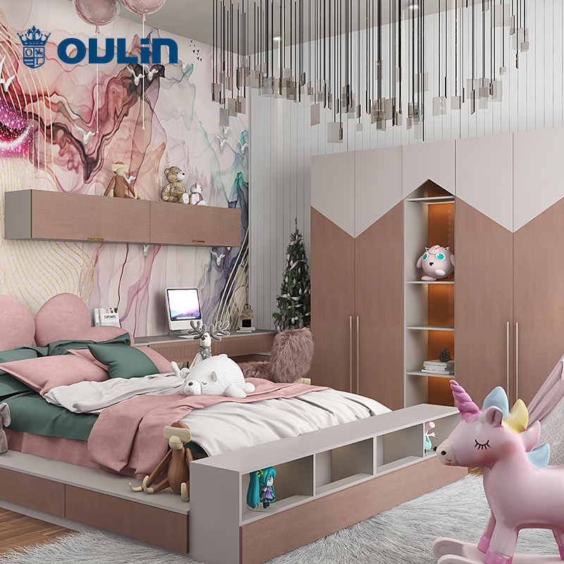 Hot Selling Wooden Modern pink Cute Girls Customization Kids Room Wardrobes Children Bedroom with Desk
