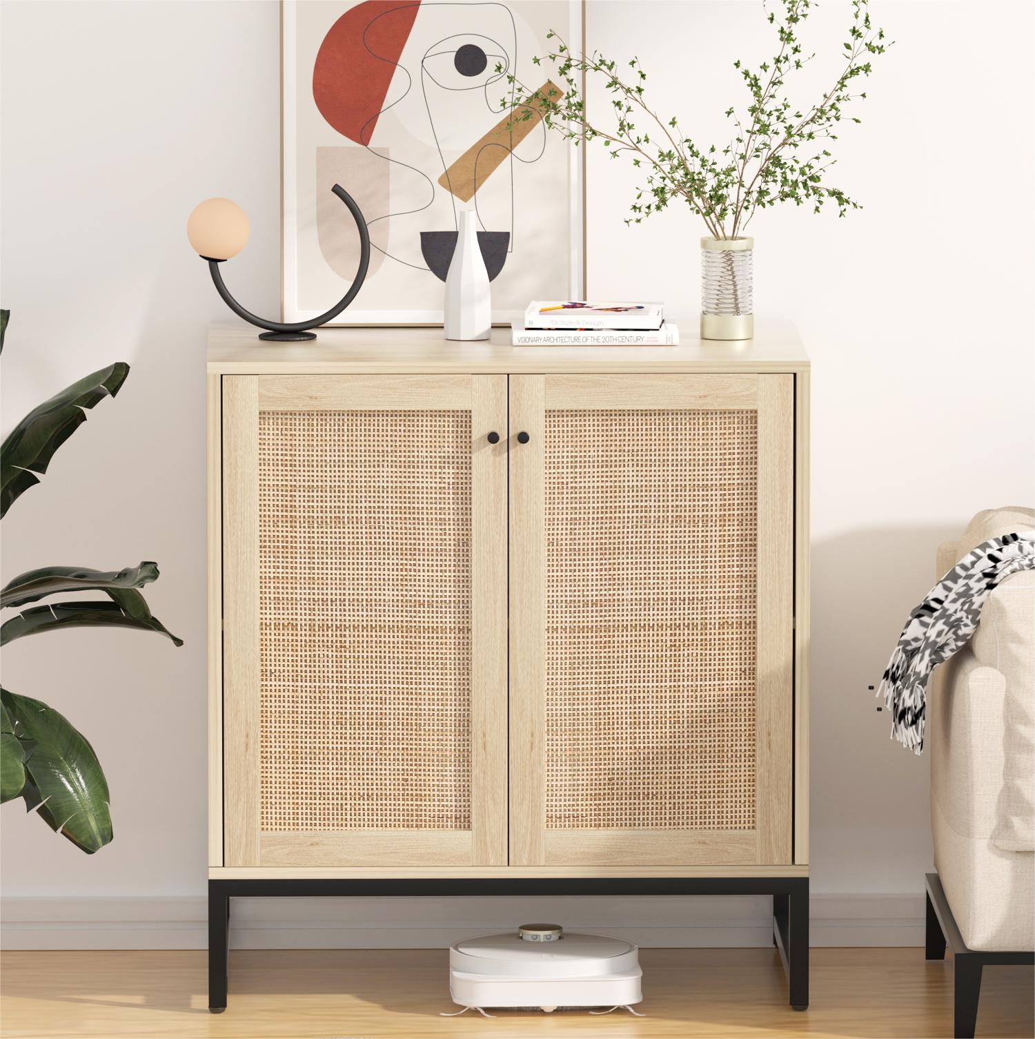 Wooden Rattan Kitchen Sideboard Buffet with Metal Legs Modern Large Storage Cabinet As Perfect Decoration for Home