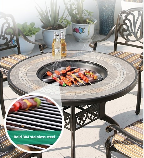 Outdoor Patio Barbecues Table and Chairs Set Dining BBQ Table Chair Garden Courtyard Cast Aluminum Modern Round Wooden Board