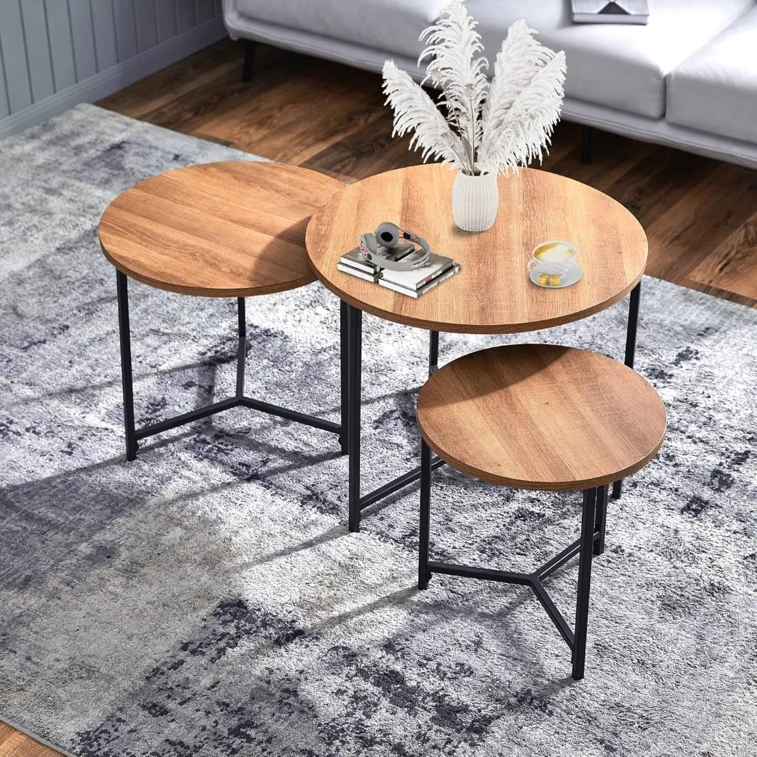 Industrial Wooden Table with Metal Frame Round Coffee Table Set of 2 End Tables