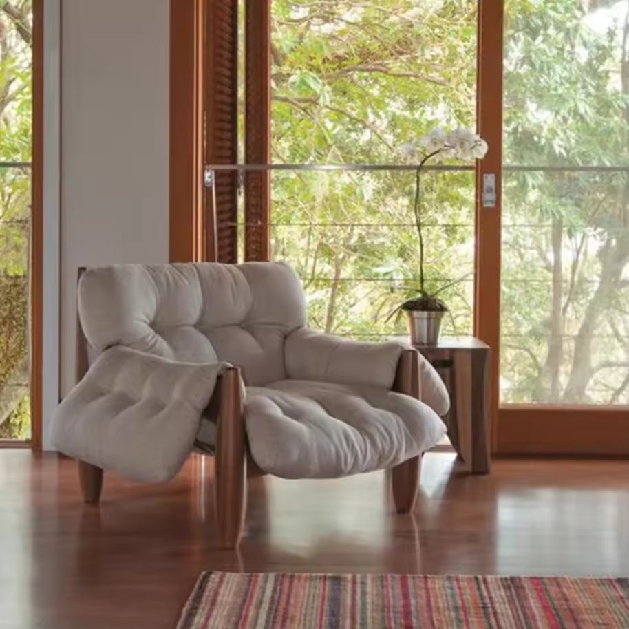 High-quality Leather Accent Dining Chair Mid Century Single Sofa Recliner Relaxation Wooden Armchair