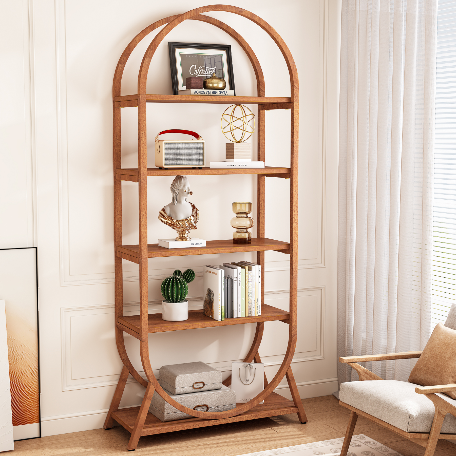 Factory Home Decor 5 Layers Brown Open Storage MDF Arched Contemporary Bookshelf Bookcase Standing Type Living Room Bedroom