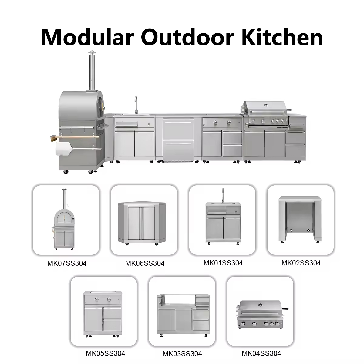 Custom Black Modular 304 Stainless Steel Outdoor Kitchen Antirust Durable SS304 Garden Outdoor Kitchen Set With BBQ Grill Sink