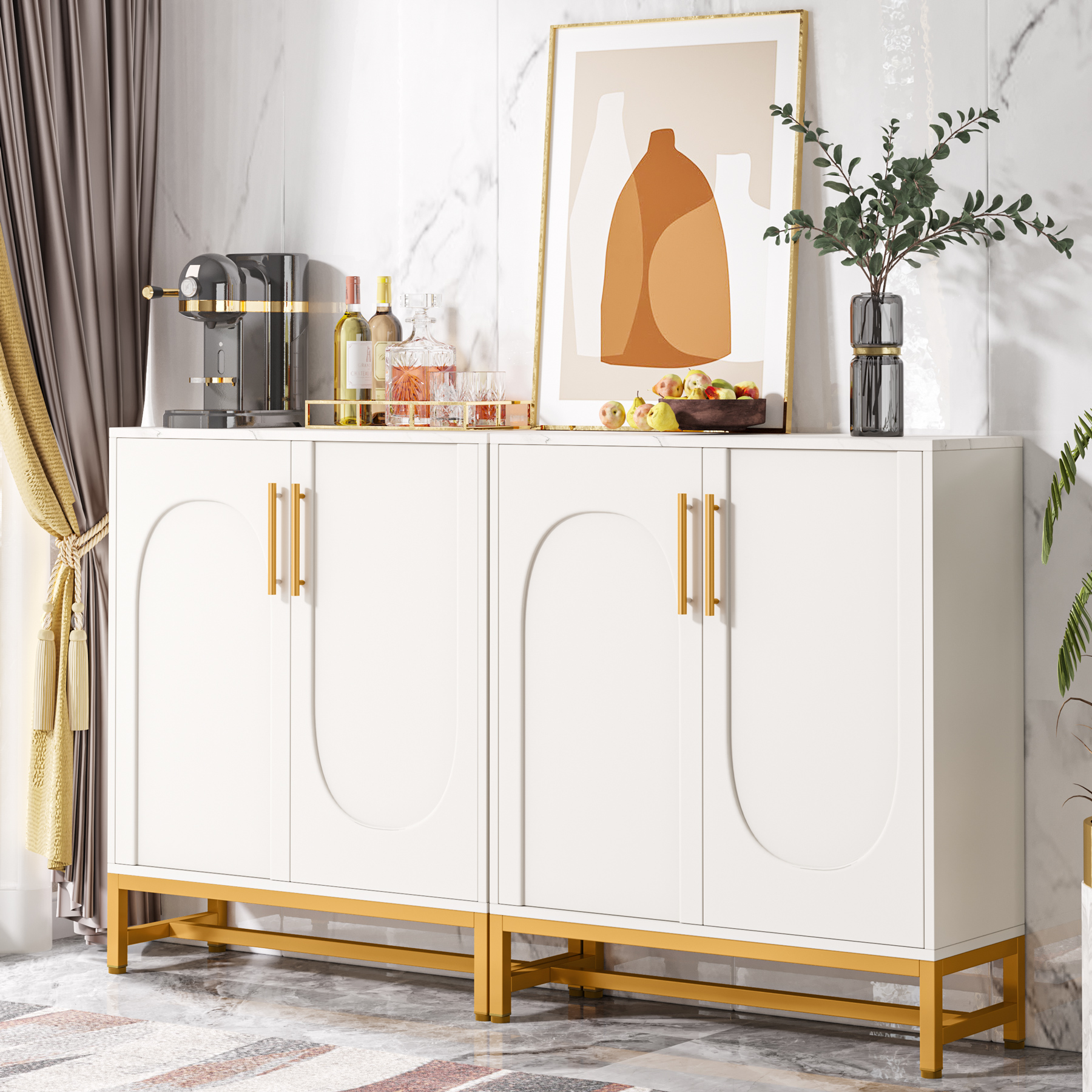59 Inch Luxury Modern Wood+Metal Marble Top White Buffet Sideboard for Dining Room &amp; Kitchen