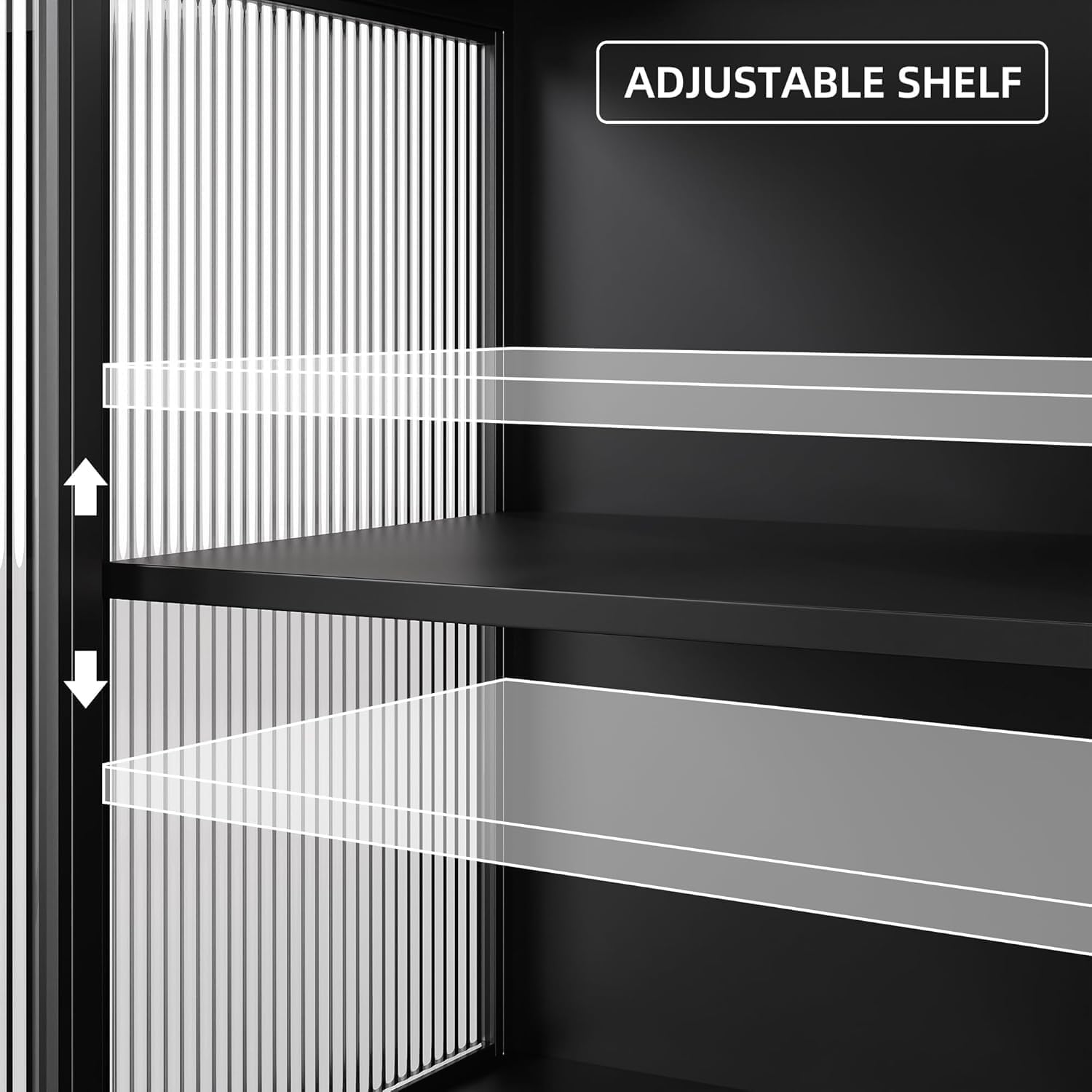 UCHANCE Modern Black Buffet Sideboard Cabinet 2 Ribbed Glass Doors with Adjustable Shelves &amp; Metal Legs for Dining Room, Kitchen