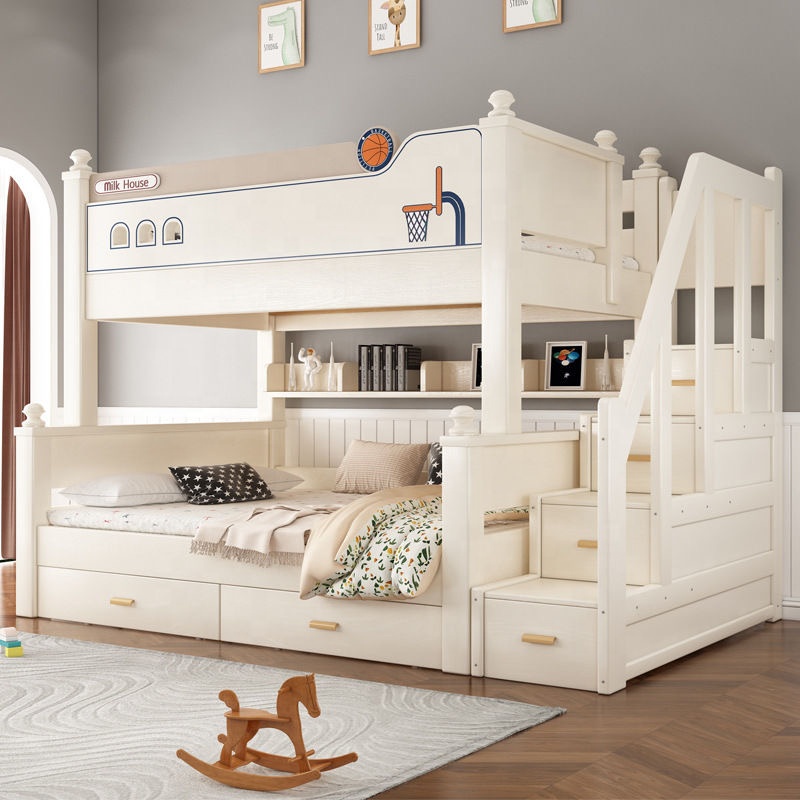Aesthetic Solid Wood Kids' Beds Bunk Bed Girl Princess Pink Bedroom Furniture Home Furniture with Storage Stairs Free Mattress
