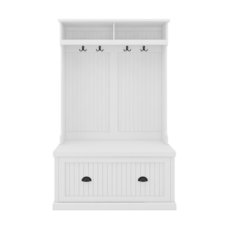 Custom White 3-in-1 Modern Vintage Industrial Entryway Hall Tree -with Coat Rack, Mudroom Bench, Drawer &amp; Living Room Storage
