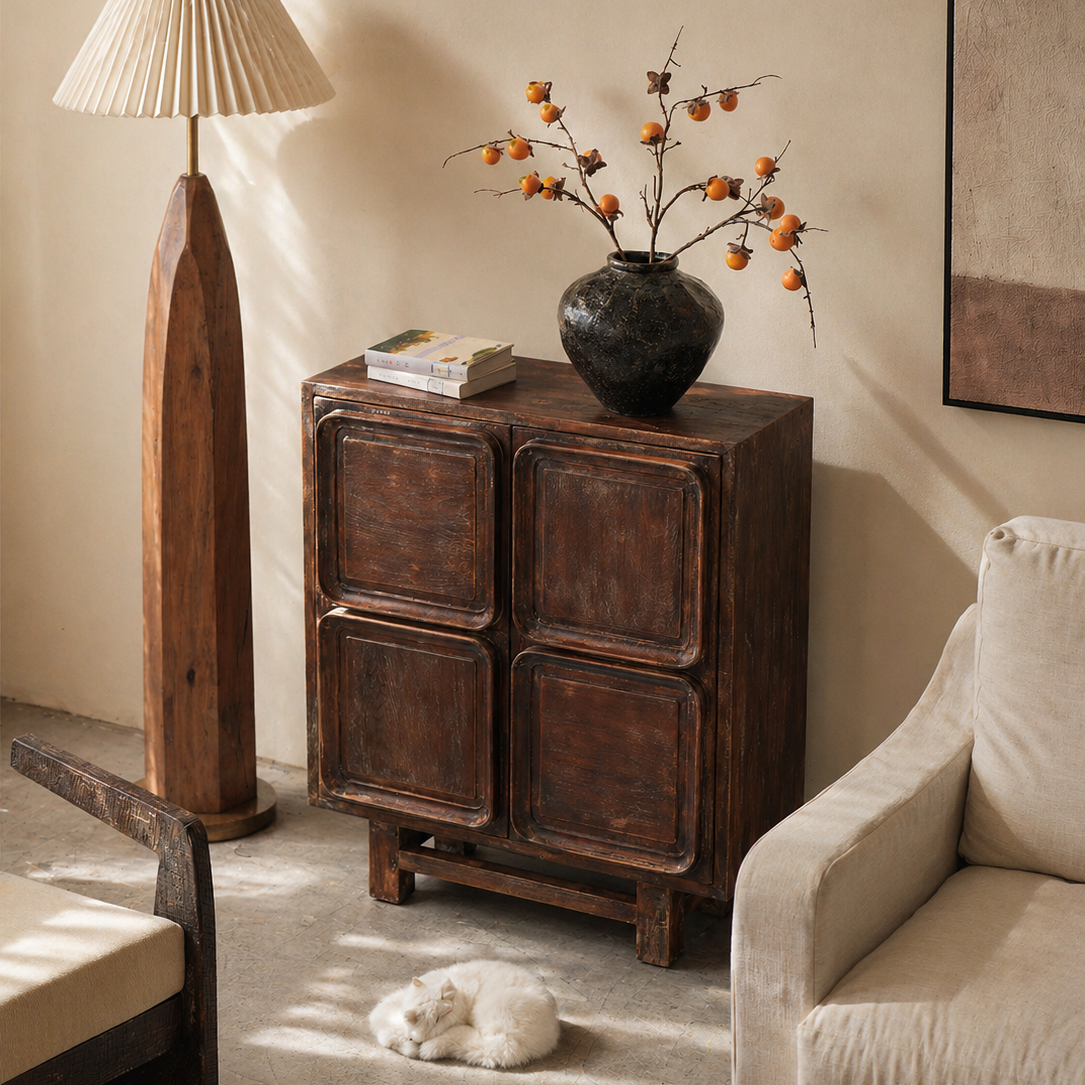 Modern Wabi-Sabi Solid Wood Buffet Cabinet Home Decor Sideboard Unique Square Storage Cabinet for Dining Room