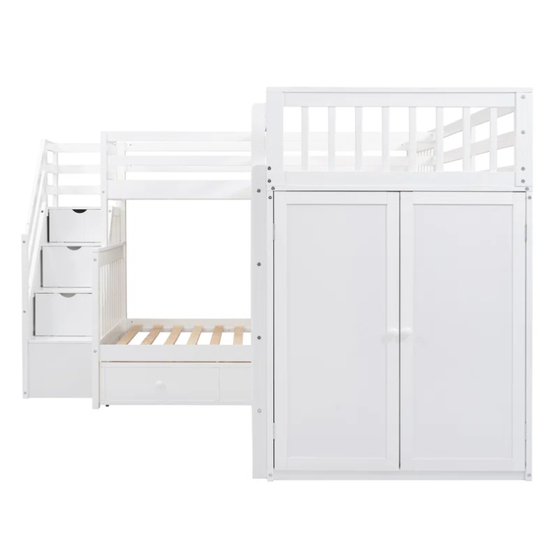 Factory Wholesale Kids Bedroom Furniture Sets Twin-Twin Over Full L-Shaped Bunk Bed With 3 Drawers, Portable Desk and Wardrobe