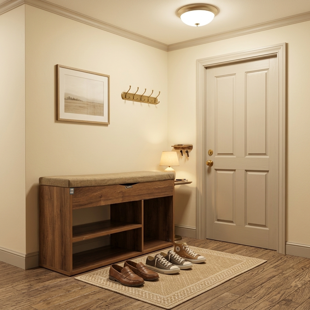Shoe Storage Bench with Cushioned Seat Wooden Entryway Shoe Organizer Rack 2-Tier Hallway Footstool Mudroom Storage Cabinet