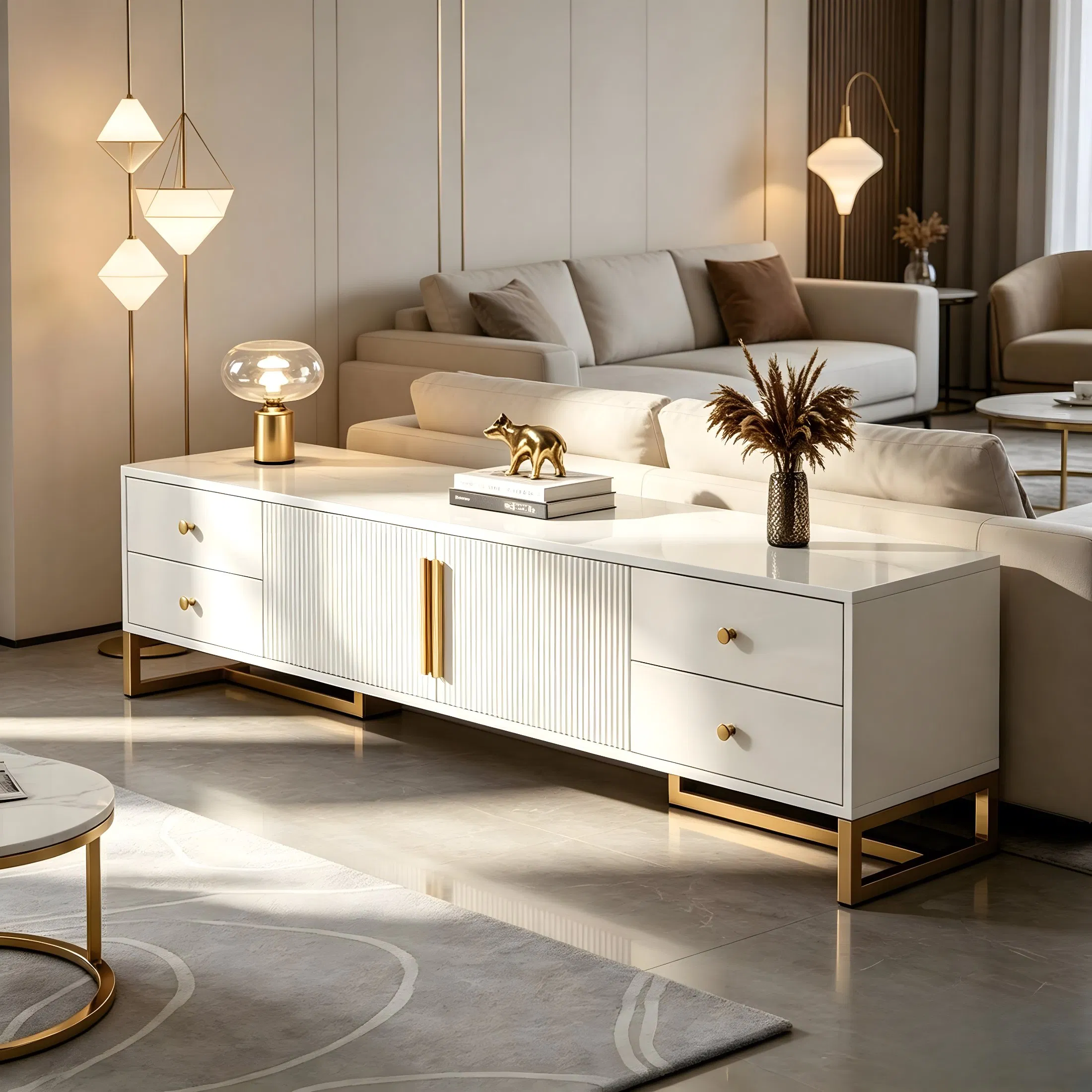 Luxury Media TV Console for Living Room with Gold Handle Storage Cabinet