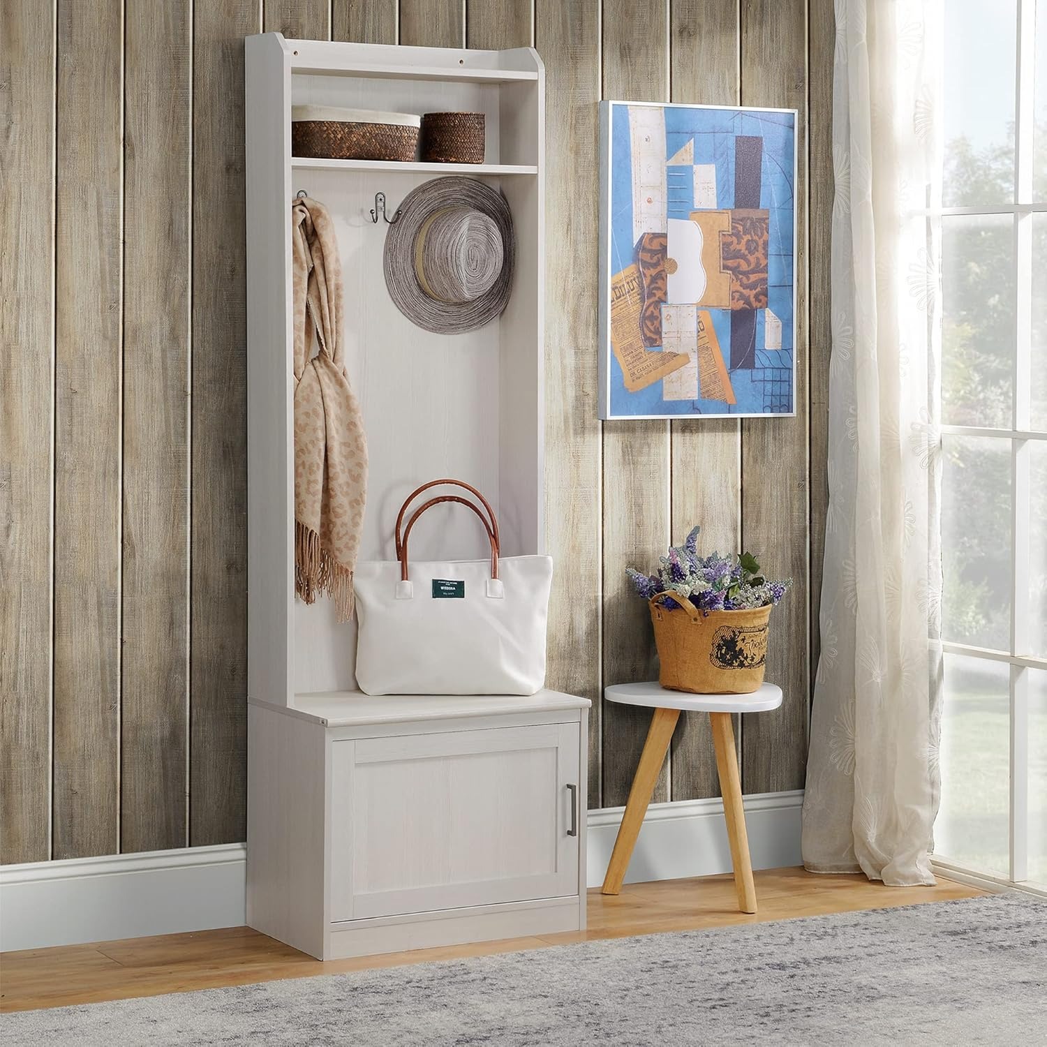 Rustic Wood Entryway Narrow Hall Tree Coat Rack Shoe Storage Bench with Shelves and Hooks for Hallway Mudroom Use