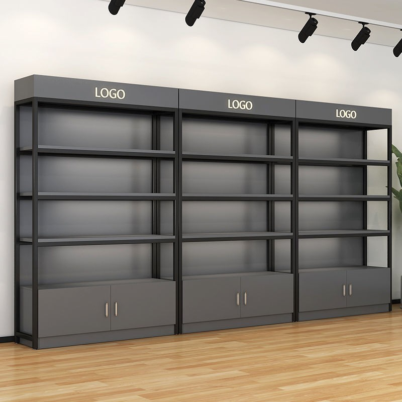 Supermarket Heavy-Duty Iron Wood Bookshelf Cosmetic Display Stand Cabinet With Light Box For Storage Rack Display
