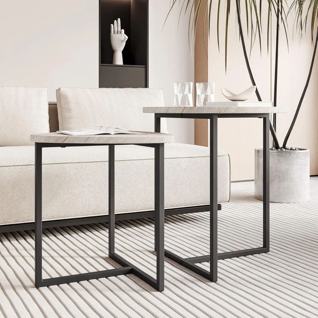 Industrial Wooden Table with Metal Frame Round Coffee Table Set of 2 End Tables