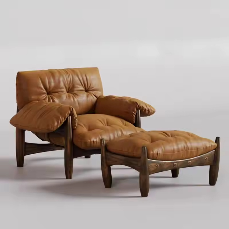 High-quality Leather Accent Dining Chair Mid Century Single Sofa Recliner Relaxation Wooden Armchair