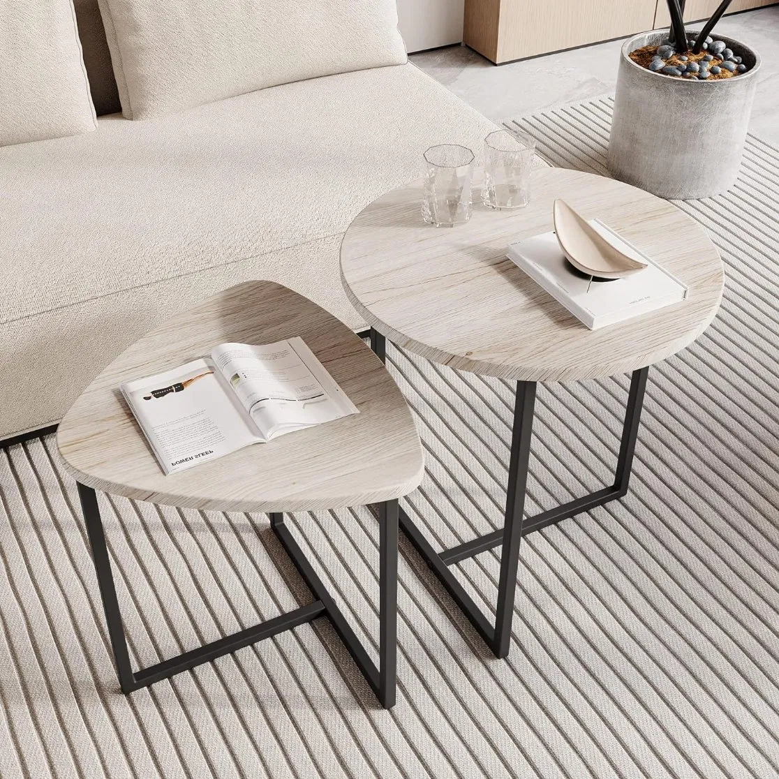 Industrial Wooden Table with Metal Frame Round Coffee Table Set of 2 End Tables