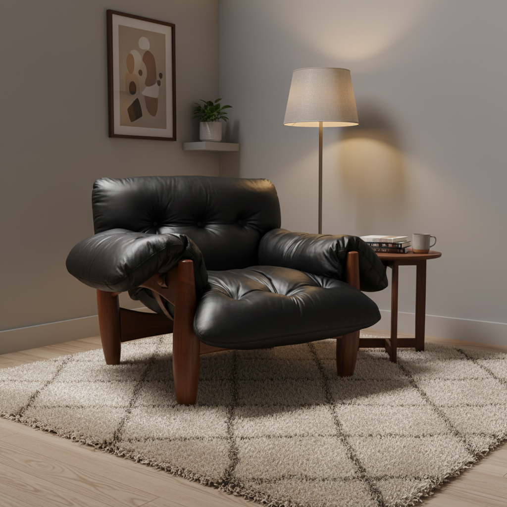 High-quality Leather Accent Dining Chair Mid Century Single Sofa Recliner Relaxation Wooden Armchair