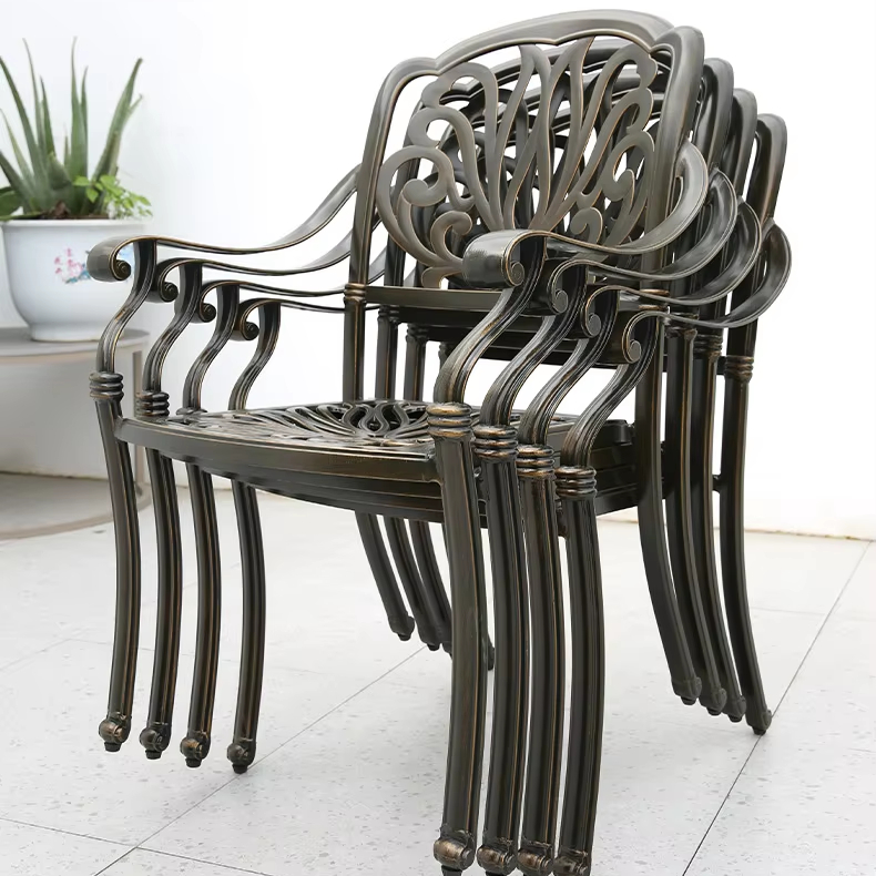 Outdoor Patio Barbecues Table and Chairs Set Dining BBQ Table Chair Garden Courtyard Cast Aluminum Modern Round Wooden Board