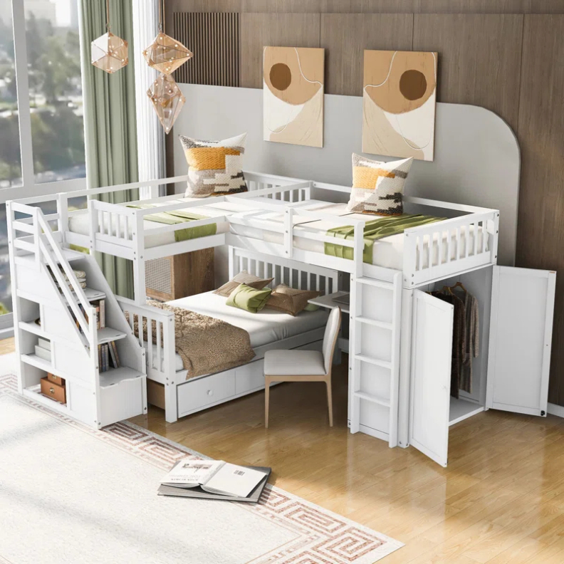 Factory Wholesale Kids Bedroom Furniture Sets Twin-Twin Over Full L-Shaped Bunk Bed With 3 Drawers, Portable Desk and Wardrobe