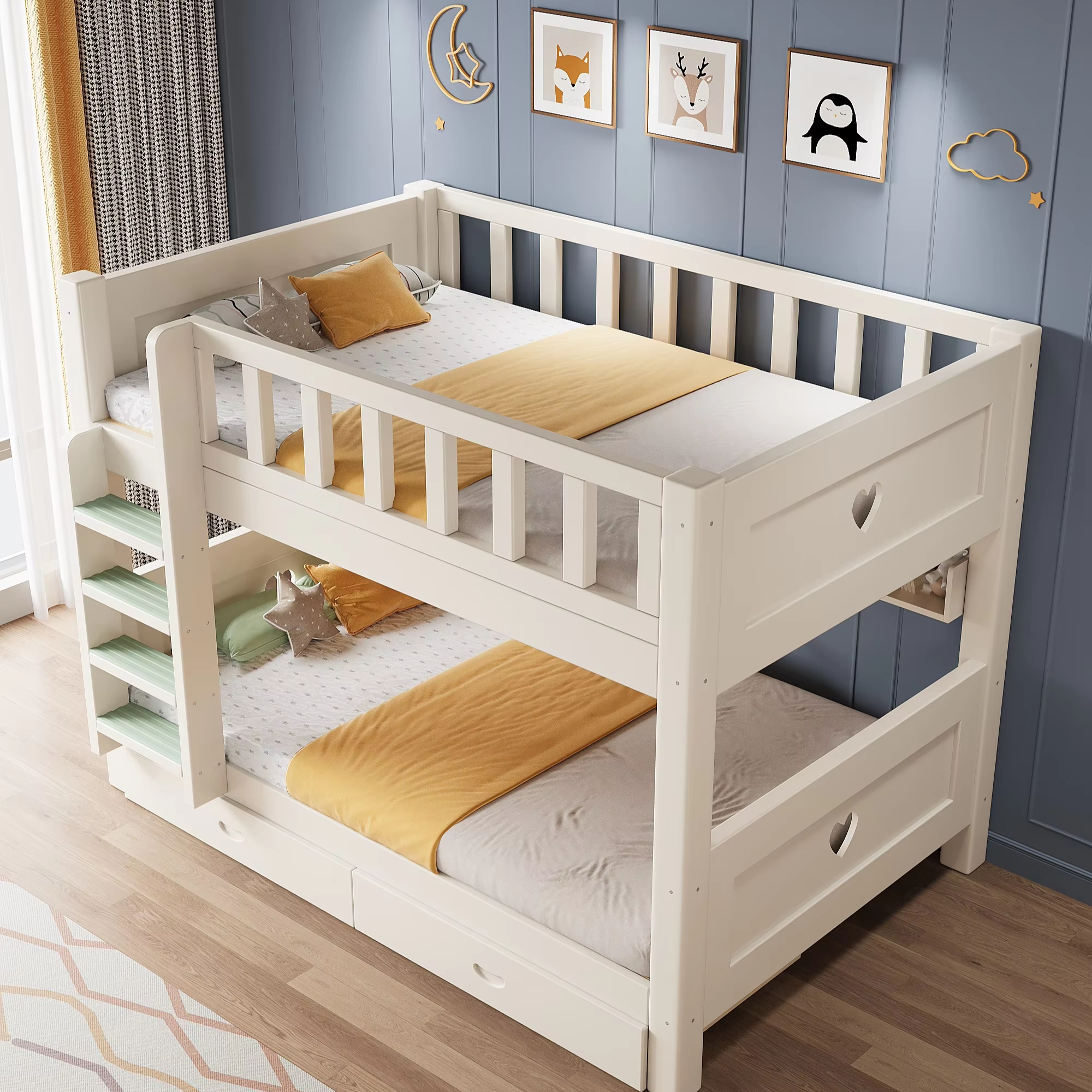 Modern White Storage Slide Safety Fence Sleeping Wooden Toddler Bed Kids Bunk Beds with Mattress