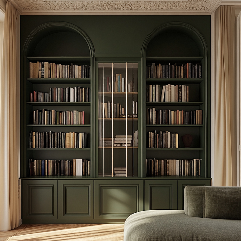 French-style Traditional Fully Customized Eco-Friendly Modular Wood Home Study Office Full-Wall Curved Cabinet Doors Bookshelves