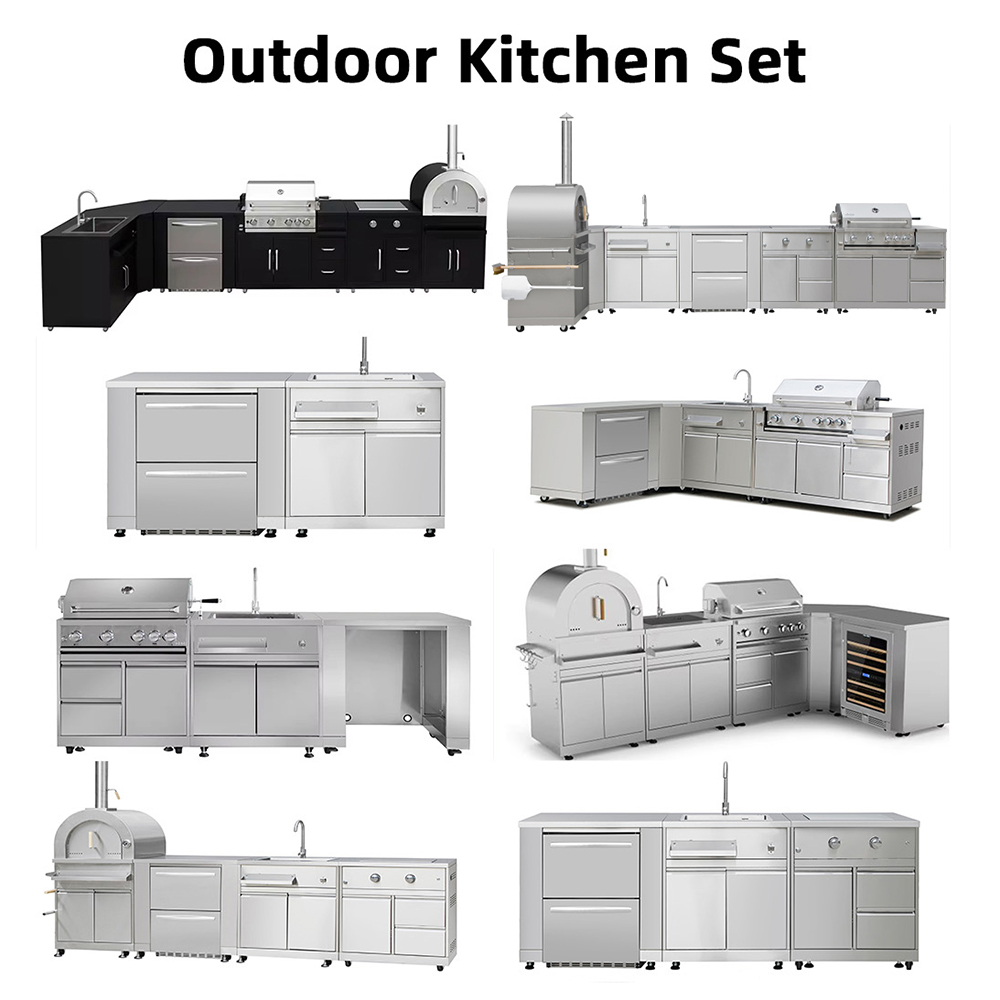 Custom Black Modular 304 Stainless Steel Outdoor Kitchen Antirust Durable SS304 Garden Outdoor Kitchen Set With BBQ Grill Sink